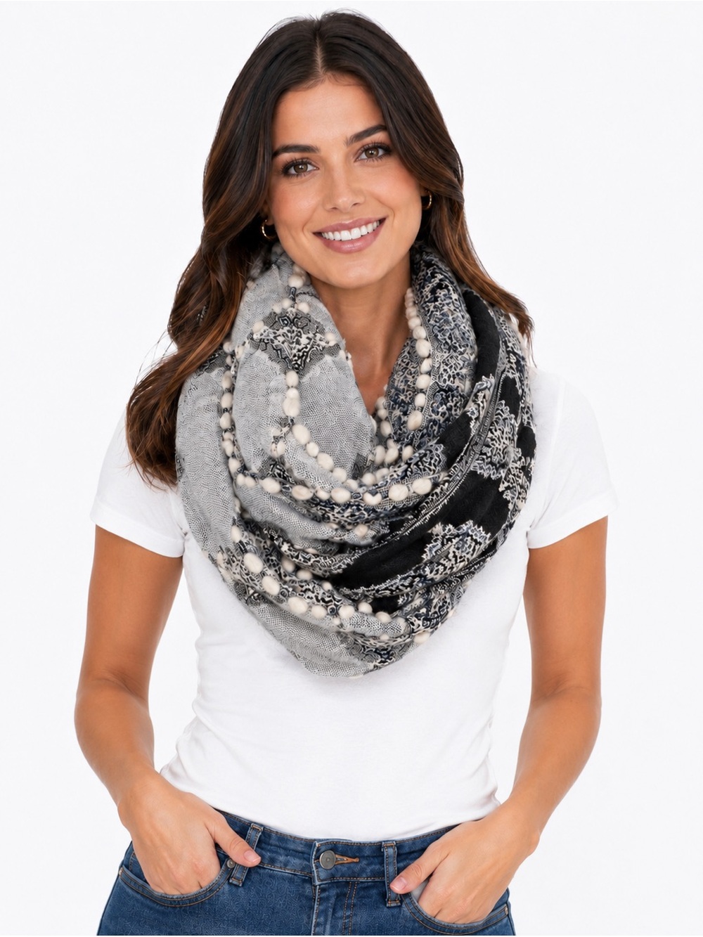 Reversible Paisley Infinity Scarf Soft Gauze Blue Black & White